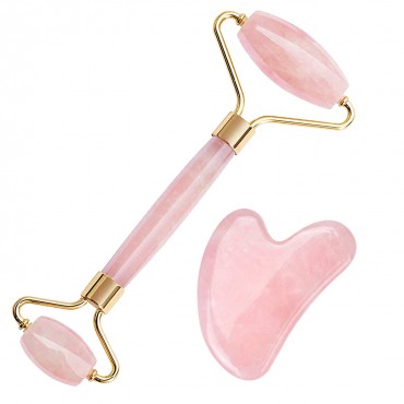 Набор массажный: роллер и скребок из натурального розового кварца